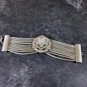 Premier Designs Wide Bracelet Rhinestone Flower Multi Chain Layered Silv…